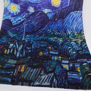 Van Gogh, Starry Night. 100% pure natural silk. Scarf/shawl. 175x52cm/69x20. Hand-rolled hem image 2