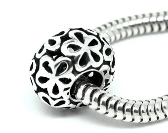 Flowers filigree rondelle bead. Openwork. Solid 925 sterling silver. For European style charm bracelets