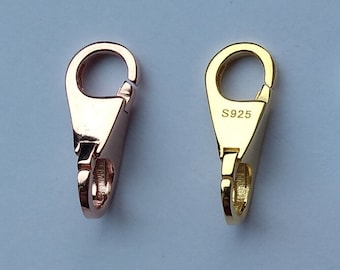 Small double lock / lobster clasp for European bracelet chain. Solid 925 sterling silver. Gold or rose gold plated. 14 mm