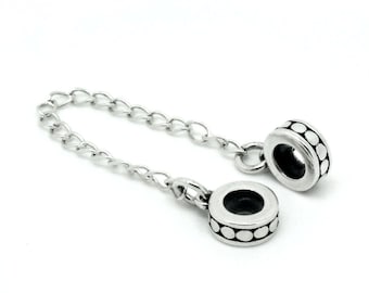 Safety chain with stopper beads. For 3mm chain. Solid 925 sterling silver. For European charm bracelets.