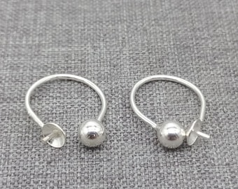 Earring clip / cuff for non-pierced ears. For halfl-drilled beads. Solid 925 sterling silver. Earring findings / blanks. Pair