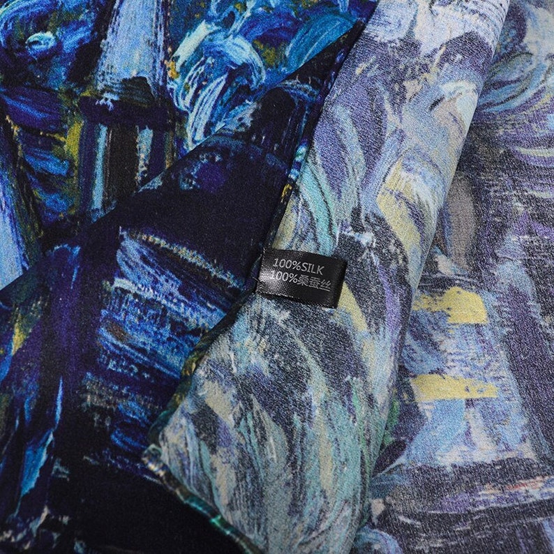 Van Gogh, Starry Night. 100% pure natural silk. Scarf/shawl. 175x52cm/69x20. Hand-rolled hem image 4