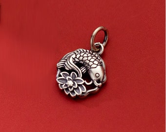 Carp and Lotus Flower / Fish and Water Lily. Pendant / charm. Solid 925 sterling silver. Chain optional.