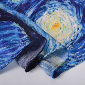 Van Gogh, Starry Night. 100% pure natural silk. Scarf/shawl. 175x52cm/69x20. Hand-rolled hem image 3