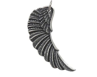 Angel Wing with feathers. Pendant. Solid 925 sterling silver. Leather necklace chain optional. 3.5g / 33mm