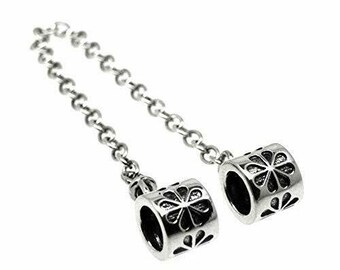 Floral safety chain with threaded end beads. Solid 925 sterling silver. For European style bracelets