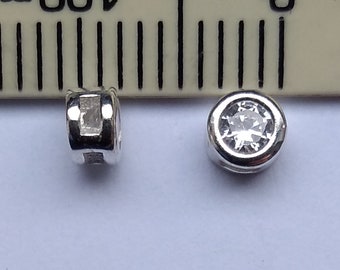 Pair of round Mini Slide Charms / Floating Pendants. Solid 925 sterling silver with clear cz. 3.5 mm