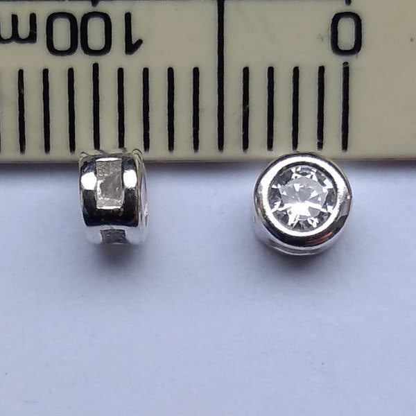 Pair of round Mini Slide Charms / Floating Pendants. Solid 925 sterling silver with clear cz. 3.5 mm