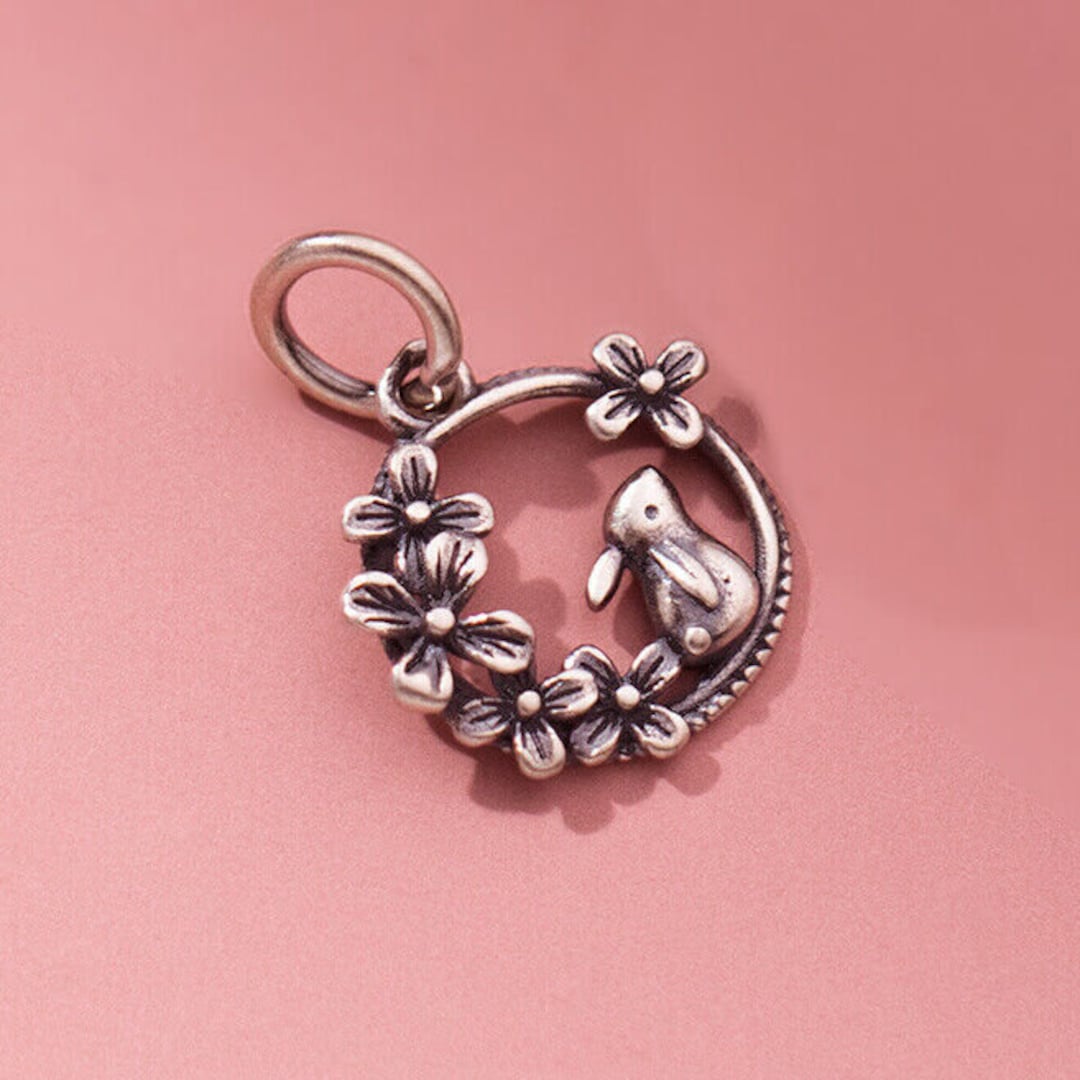 Rabbit & Flowers / Easter Bunny. Pendant/charm. Solid 925 Sterling ...