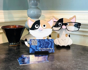 Calico Cat Business Card Holder, Business Card Stand, Office Desk Organizer