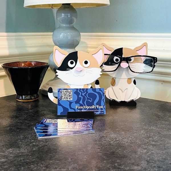 Calico Cat Business Card Holder, Business Card Stand, Office Desk Organizer