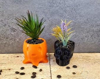 Pair Spooky Ghost and Skull Succulent Planters, Halloween Decoration