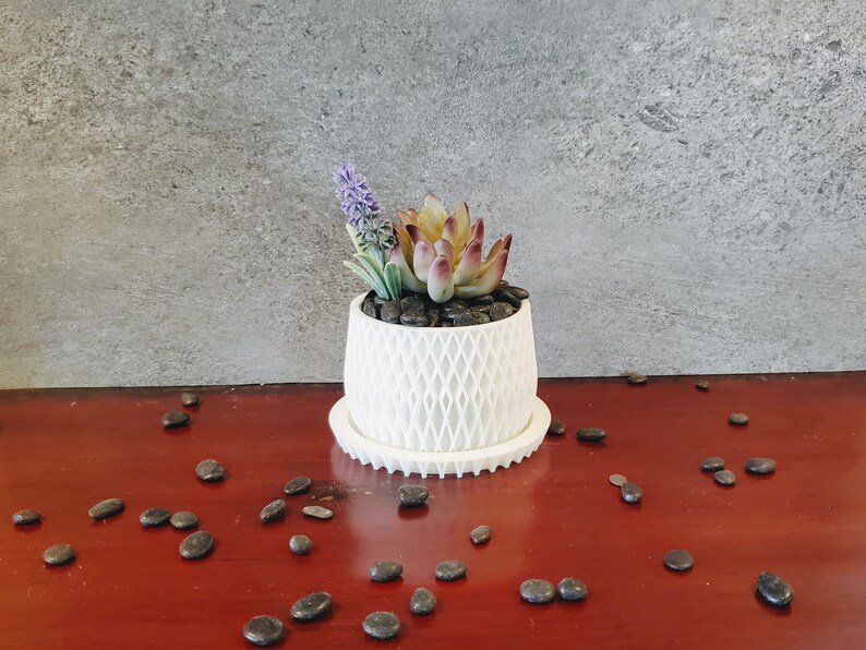 May include: A white ceramic planter with a geometric pattern, filled with small black stones and a succulent plant with purple flowers.