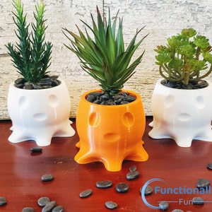 May include: Three ghost-shaped planters, one orange and two white, with small plants inside. The planters are sitting on a wooden surface with black pebbles scattered around them.