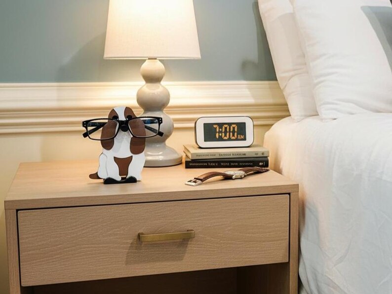Basset Hound Eyeglass holder on a Nightstand