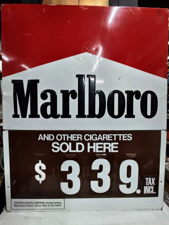 white marlboro cigarettes price Vintage Marlboro Cigarette Tobacco Metal Price Sign 2sided XL 58inx48in  Stout Ind Counterbalance Display