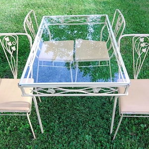 Vintage Woodard MCM Wrought Iron Glass Top Table & Chairs Salterini Patio Garden Furniture Set 5pce