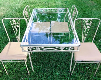 Vintage Woodard MCM Wrought Iron Glass Top Table & Chairs Salterini Patio Garden Furniture Set 5pce