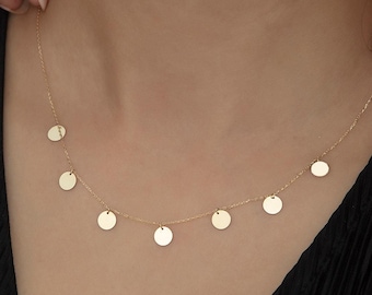14k Solid Gold Coin Necklace: Dainty Disc Charm, Layering Choker