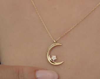 14k Solid Gold Moon Star Necklace: Diamond Celestial Pendant