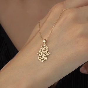 14k Solid Gold Hamsa Necklace: Hand of Fatima Charm Pendant
