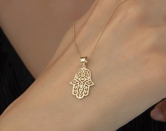 14k Solid Gold Hamsa Necklace: Hand of Fatima Charm Pendant
