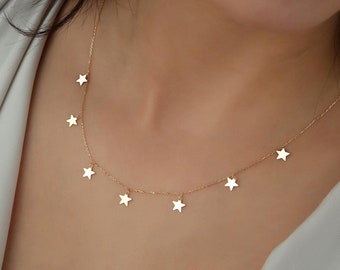 14K Solid Gold Star Charm Necklace: Seven Star Pendant Choker