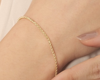 Pulsera de cadena de caja de oro macizo de 14k, cadena de caja elegante delgada de 1 mm de ancho, pulseras de oro para mujeres, pulsera de oro hecha a mano, pulsera de oro minimalista