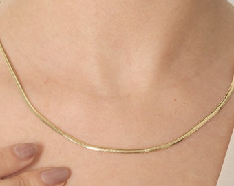 14k Solid Gold Snake Chain Necklace: Dainty Herringbone Style