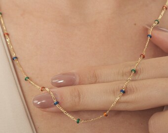 14K Solid Gold Colorful Enamel Necklace, Dainty Beaded Gold Chain, Minimalist Rainbow Necklace, Everyday Jewelry, Gift for Her