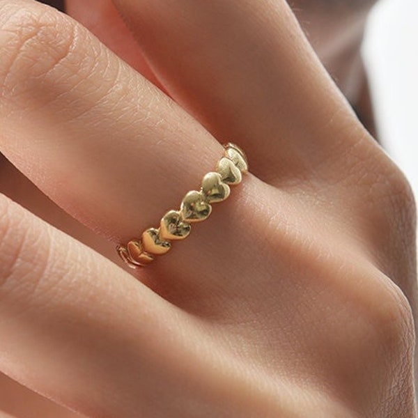 14k Solid Gold Tiny Heart Ring,  Thumb Wedding Band Eternity Ring,  Minimalist Ring, Stacking Ring, Thin Band Ring, Eternity Hearts Gold