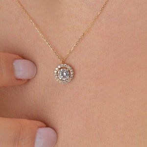 14K Gold Solitaire Zirconia Necklace: Minimalist Gold Pendant