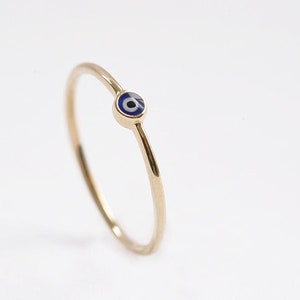 14k Solid Gold Evil Eye Ring: Dainty Stackable Good Luck Charm