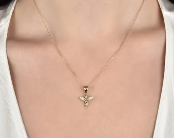 14K Solid Gold Angel Pendant Necklace - Minimalist Religious Jewelry