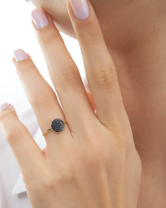 14k Gold Black Zircon Pave Ring: Dainty Signet Ring - Etsy