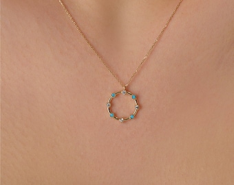 14K Solid Gold Turquoise Diamond Circle Necklace, Dainty Station Pendant, Everyday Fine Jewelry
