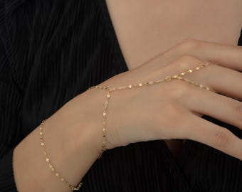 14K Massivgold Handkettenarmband • Zierliches, glänzendes Goldsklavenarmband • Minimalistischer Handgeschirr • Eleganter Schmuck für Frauen