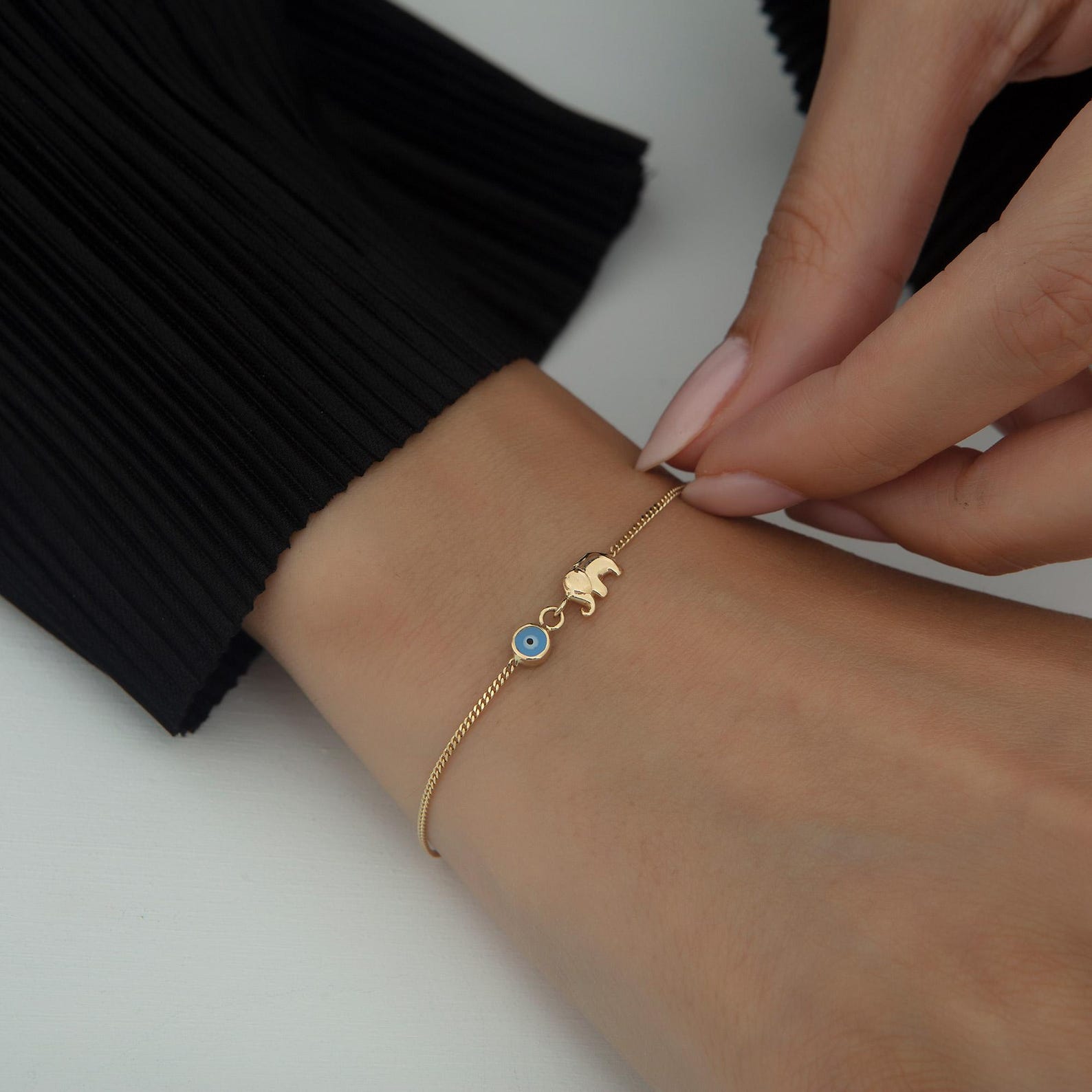14K Solid Gold Elephant With Evil Eye Bracelet: Cuban Chain Protective Blue Bracelet