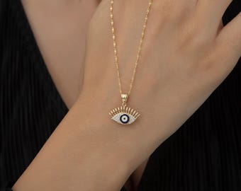14k Solid Gold Evil Eye Halskette: Zierlicher Saphir Charm Anhänger