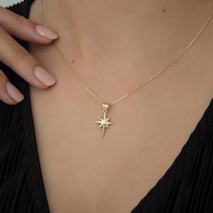 Dainty 14k Solid Gold North Star Pendant Necklace - Celestial Charm