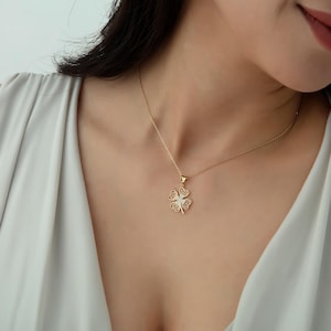 14k Solid Gold Four Leaf Clover Necklace: Lucky St. Patrick&#39;s Day Gift