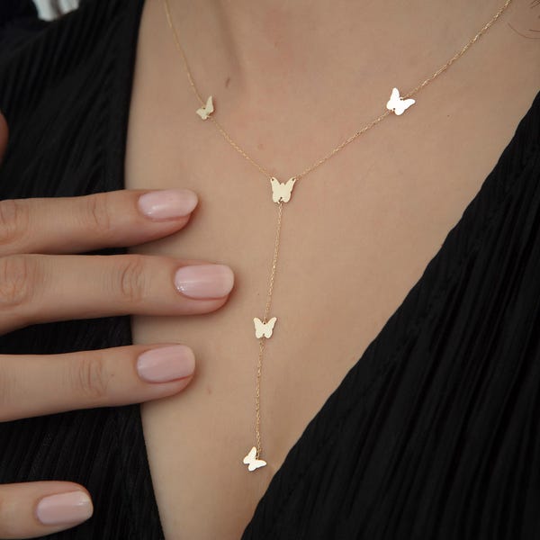 14K Solid Gold Butterfly Choker: Dainty Layering Necklace