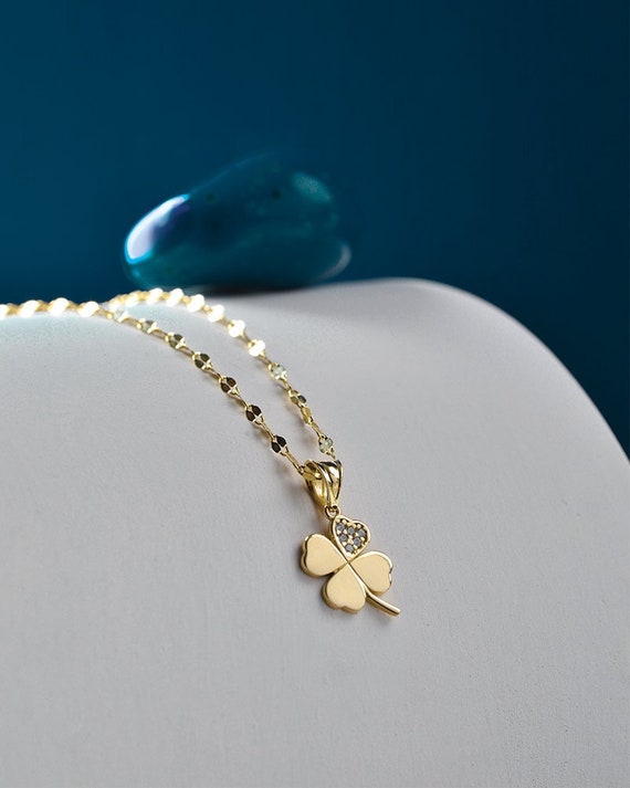 Tiny Four Leaf Clover Necklace Gold Shamrock Necklace 14k 