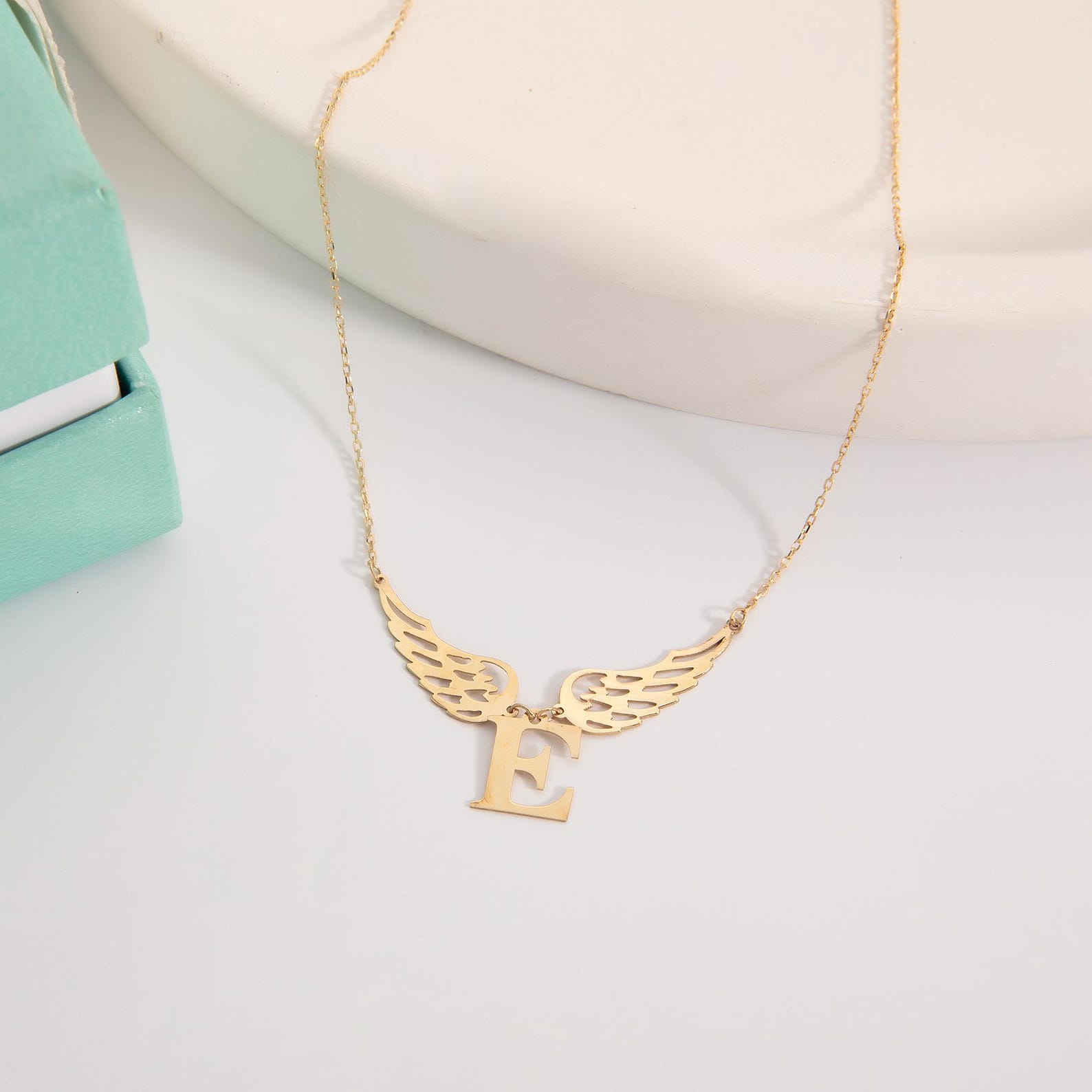 14K Solid Gold Initial Angel Wing Necklace - Personalized Guardian ...