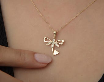 14k Solid Gold Dragonfly Heart Necklace: Dainty Charm Pendant
