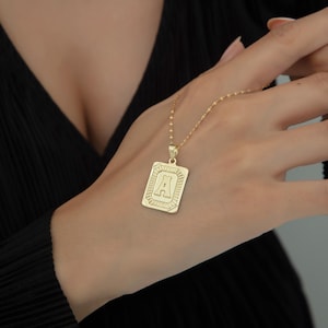 Or jaune massif 14 carats, pendentifs lettre rectangle, pendentif plaque initiale majuscule, collier initiale rétro en or, pendentif personnalisé