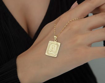 14K Yellow Gold Initial Pendant Necklace - Retro Letter Plate