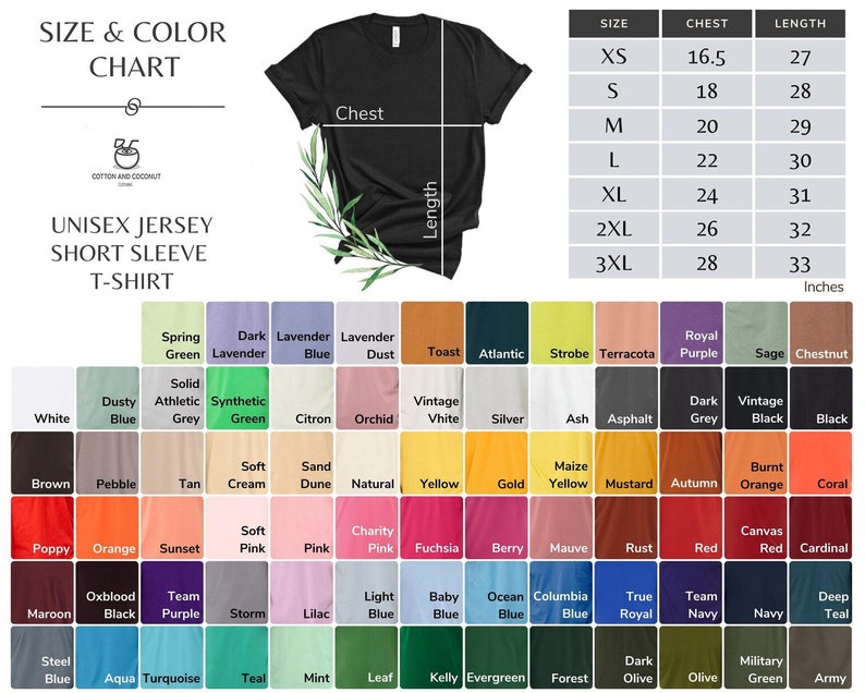 Puede incluir: Tabla de tallas y colores para una camiseta unisex de manga corta. La tabla muestra las medidas de pecho y largo en pulgadas para las tallas XS a 3XL. La tabla tambi&eacute;n incluye una paleta de colores con 60 colores diferentes.
