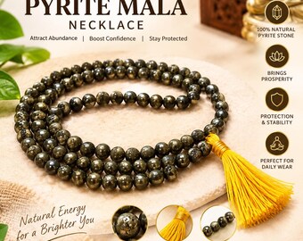 Abundance Pyrite Mala, 8mm 108-Bead Prayer Necklace with Natural Stone Beads