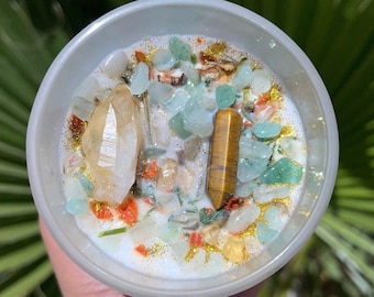 Abundance + Money Crystal Infused Candle - Citrine - Green Aventurine - Tigers Eye - Herbs 10 OZ